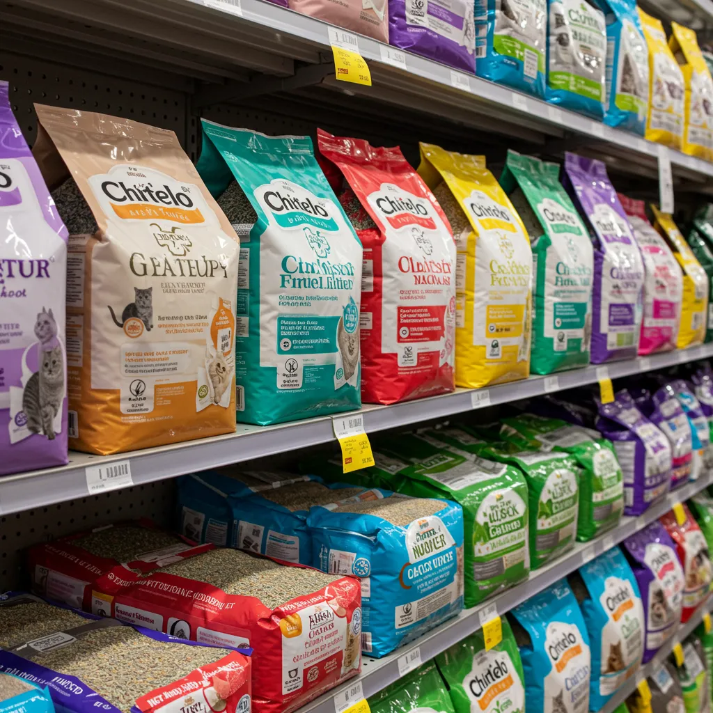 Display of clay, silica gel, and plant-based cat litters on a pet store shelf, showing modern litter options.