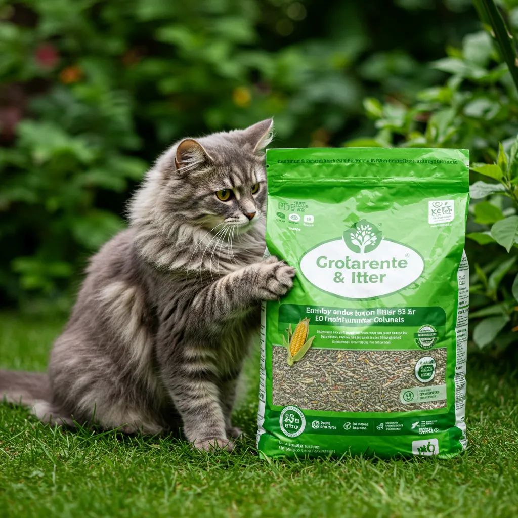 Eco-friendly cat litter in biodegradable packaging with plants and a cat, showcasing sustainable options.