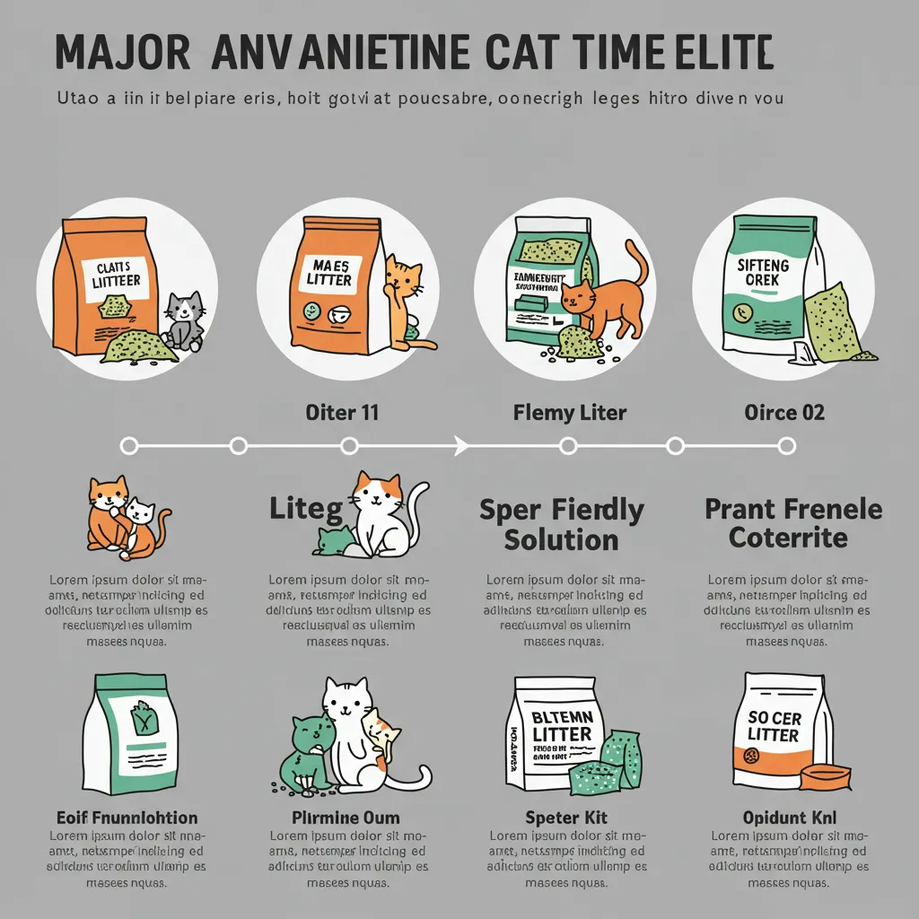 Timeline graphic of cat litter history, featuring cats, clay bags, and eco-friendly litter milestones.