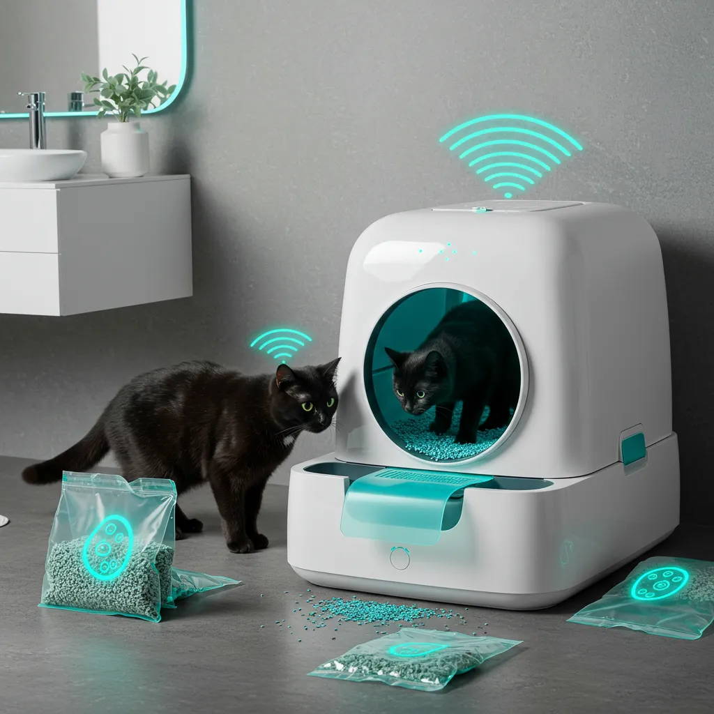  Futuristic cat using a smart litter box with eco-friendly litter bags, symbolizing the future of cat litter.