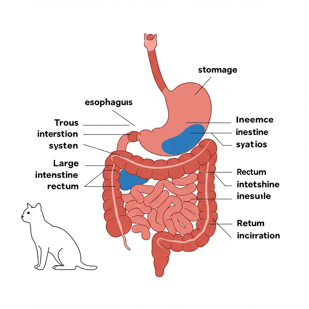 Diagram of feline digestive system showing stomach and intestines, explaining cat gas causes.