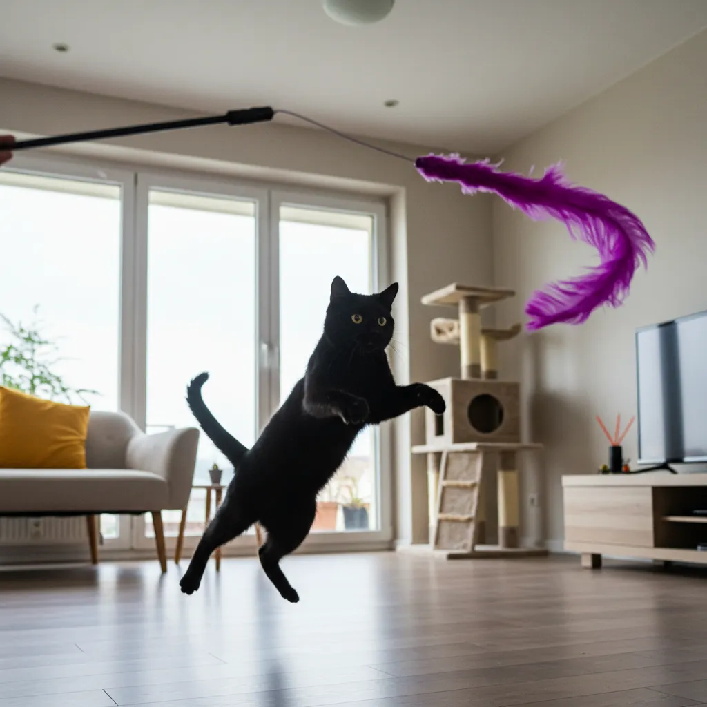 Cat playing with a feather wand to promote digestion and reduce gas.