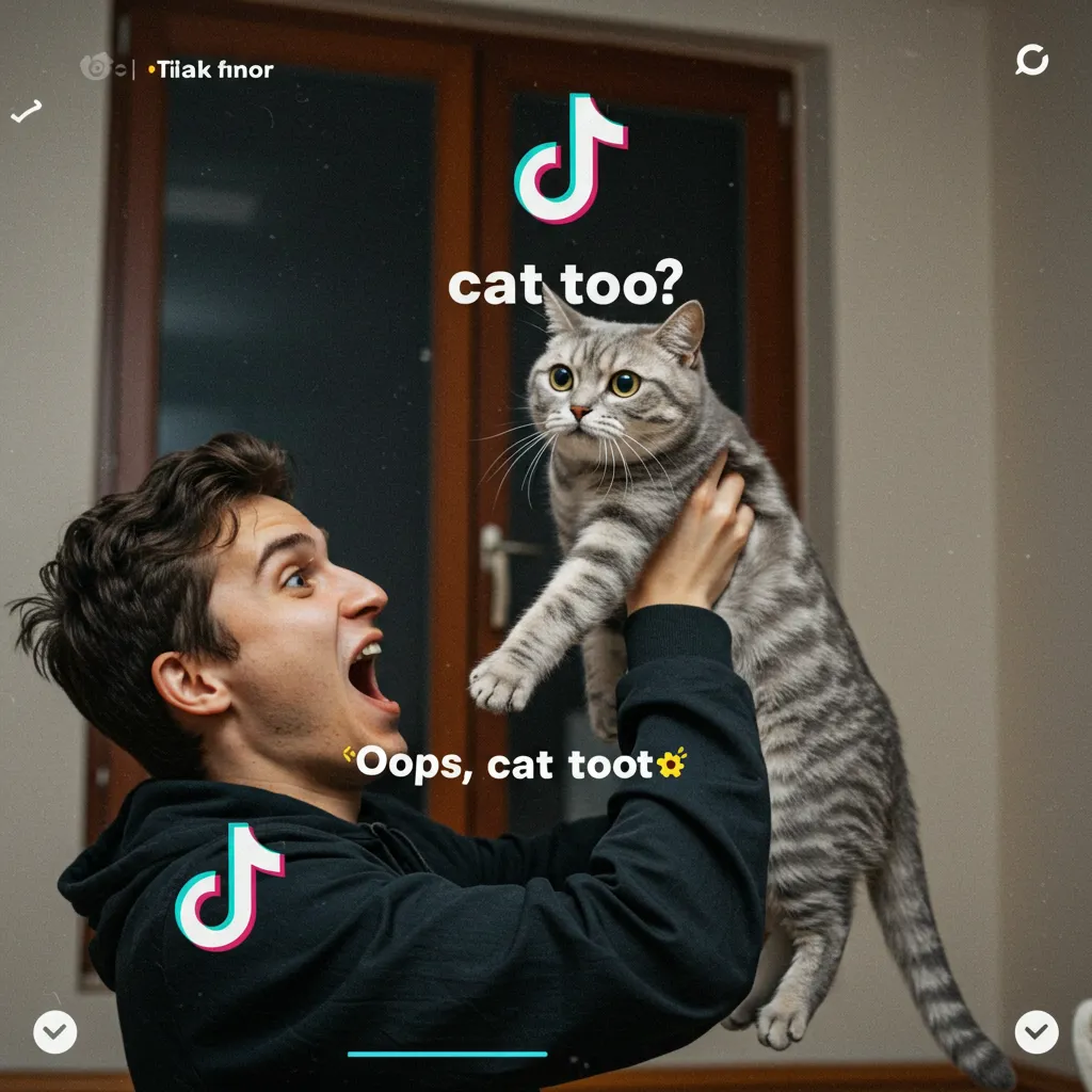TikTok-style thumbnail of a cat owner lifting a cat, highlighting funny cat fart moments.