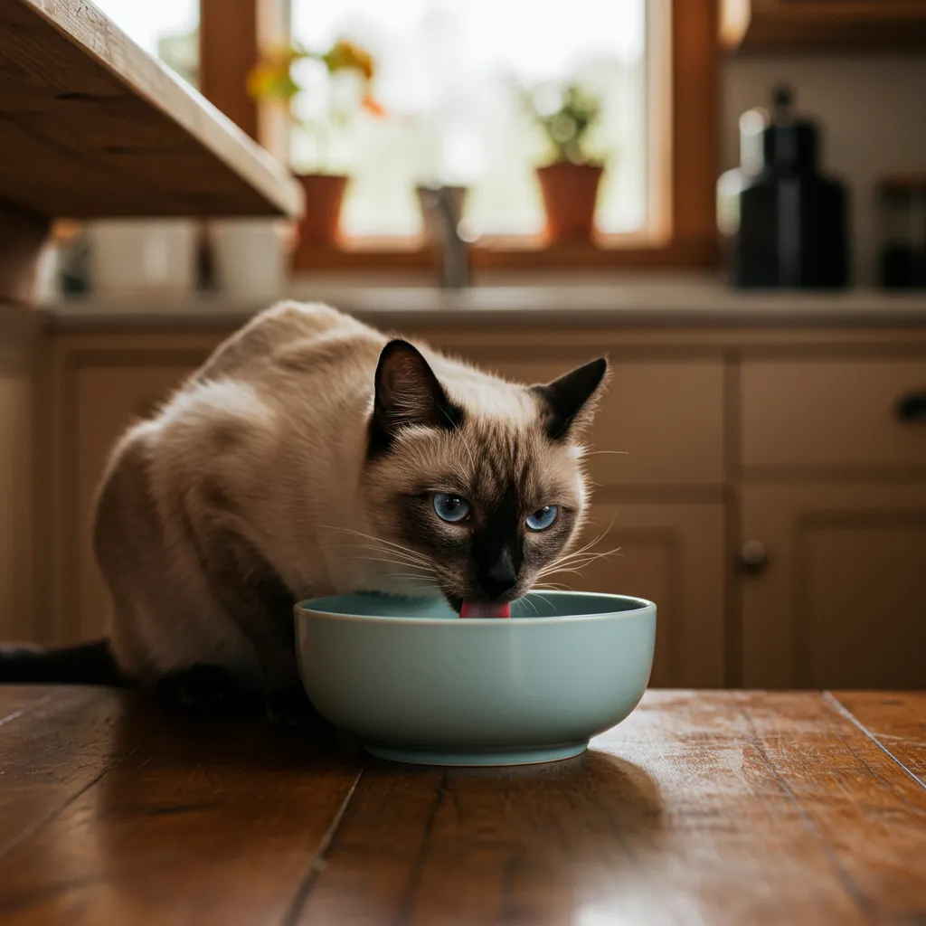 Siamese cat drinking from a shallow bowl to prevent fast drinking and coughing.