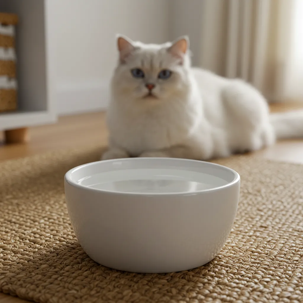 Clean cat water bowl setup to prevent throat irritation and coughing.
