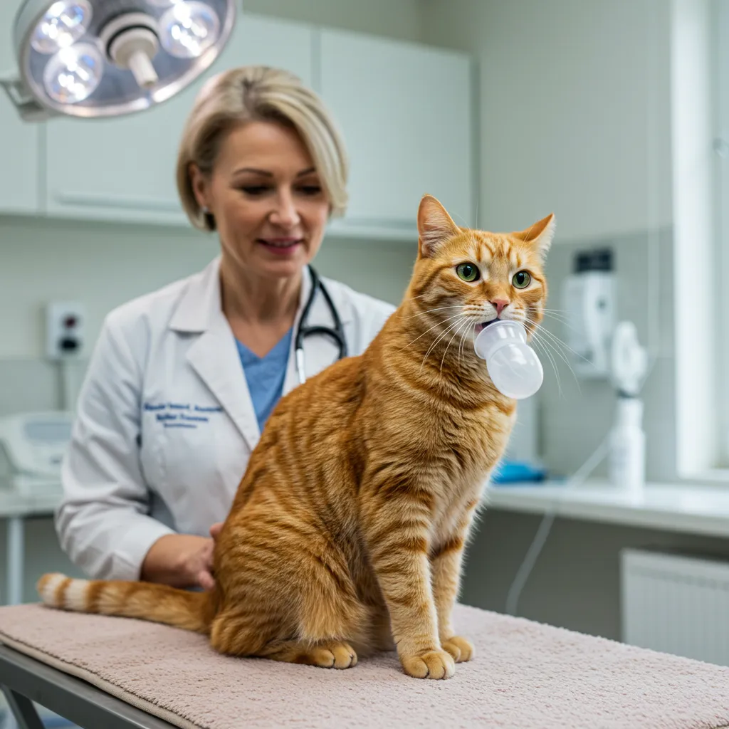 Cat receiving asthma treatment with a feline inhaler to reduce coughing.