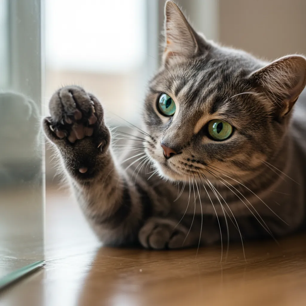  Curious cat pawing at a reflective glass surface.