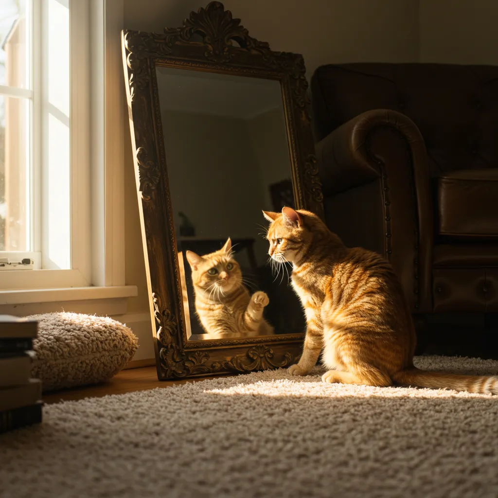 Cat pawing at its reflection in a mirror.