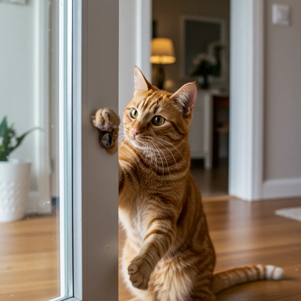 Cat marking territory by pawing at a glass door.