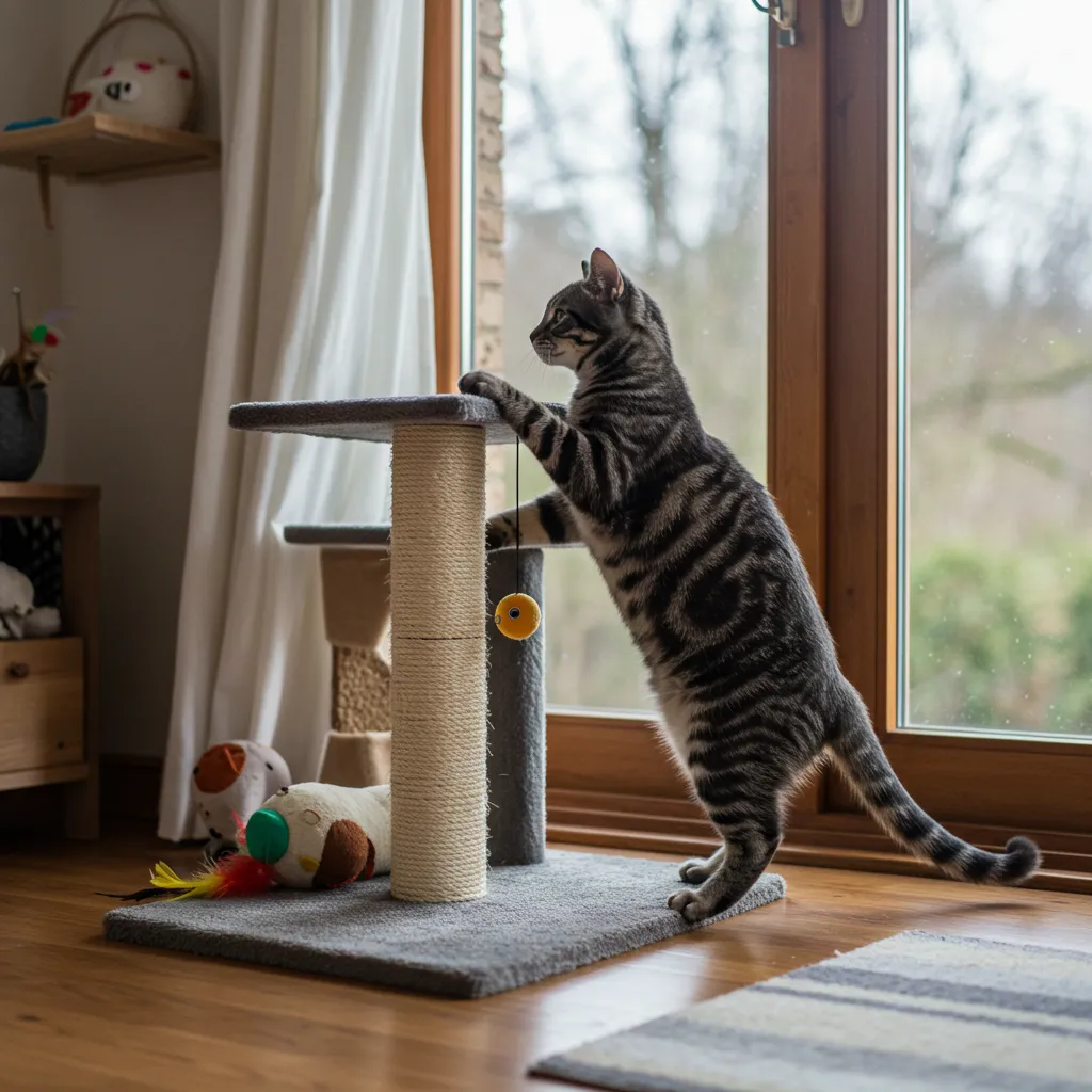  Cat using a scratching post for enrichment.