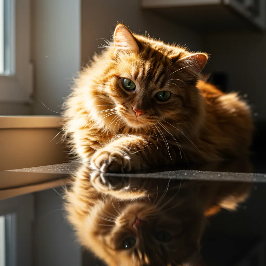  Cat exploring a shiny countertop with its paws.