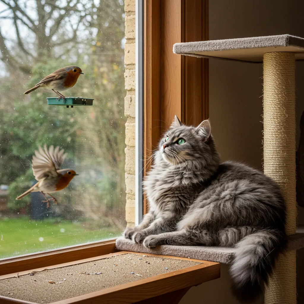 Cat enjoying a window perch for environmental enrichment.