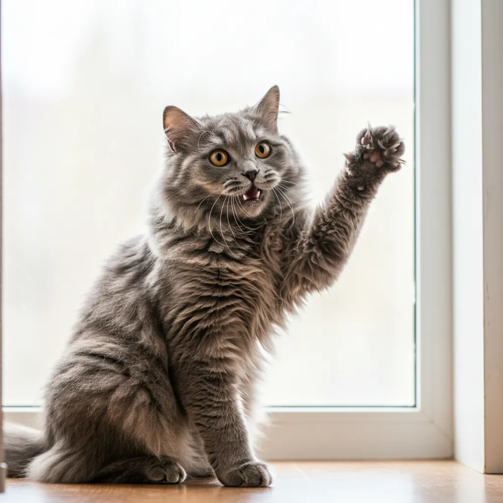  Cat playfully pawing at air near a window.