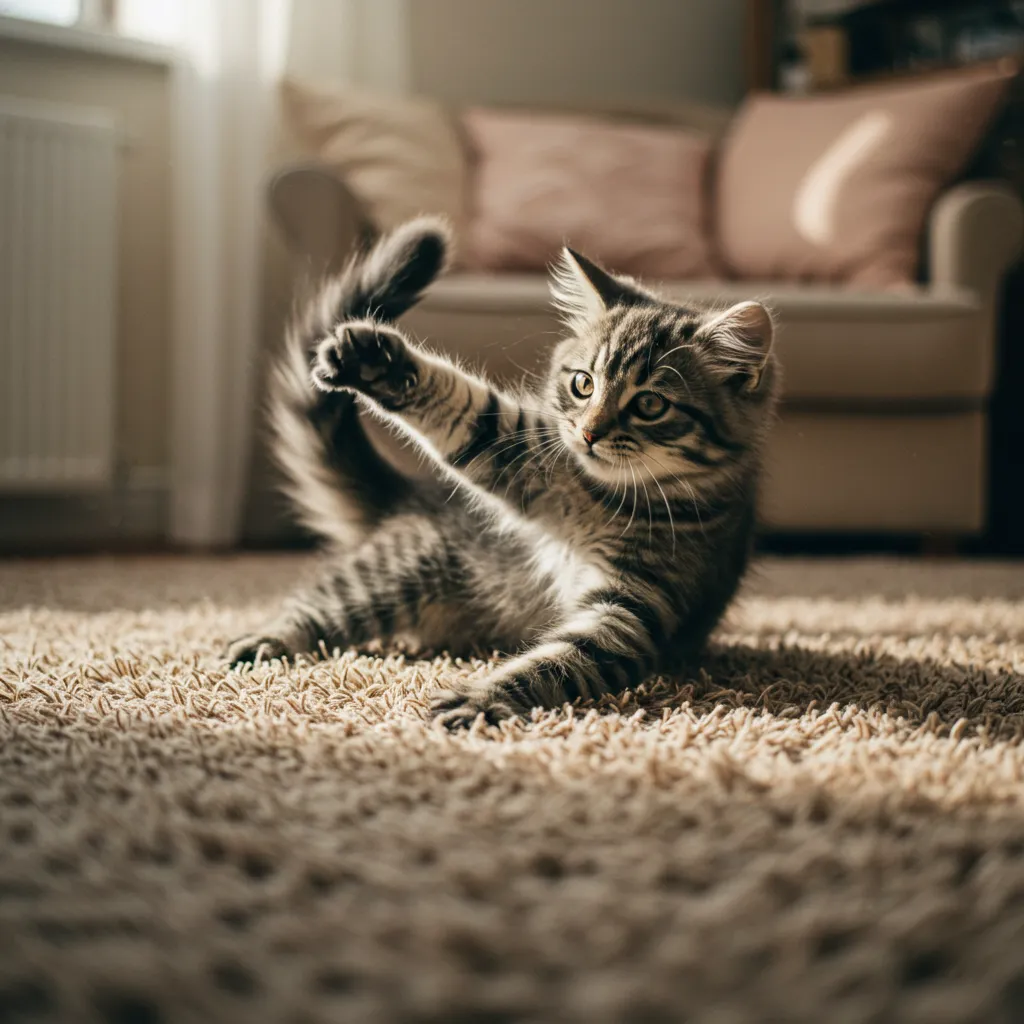 Playful kitten chasing its tail at home.