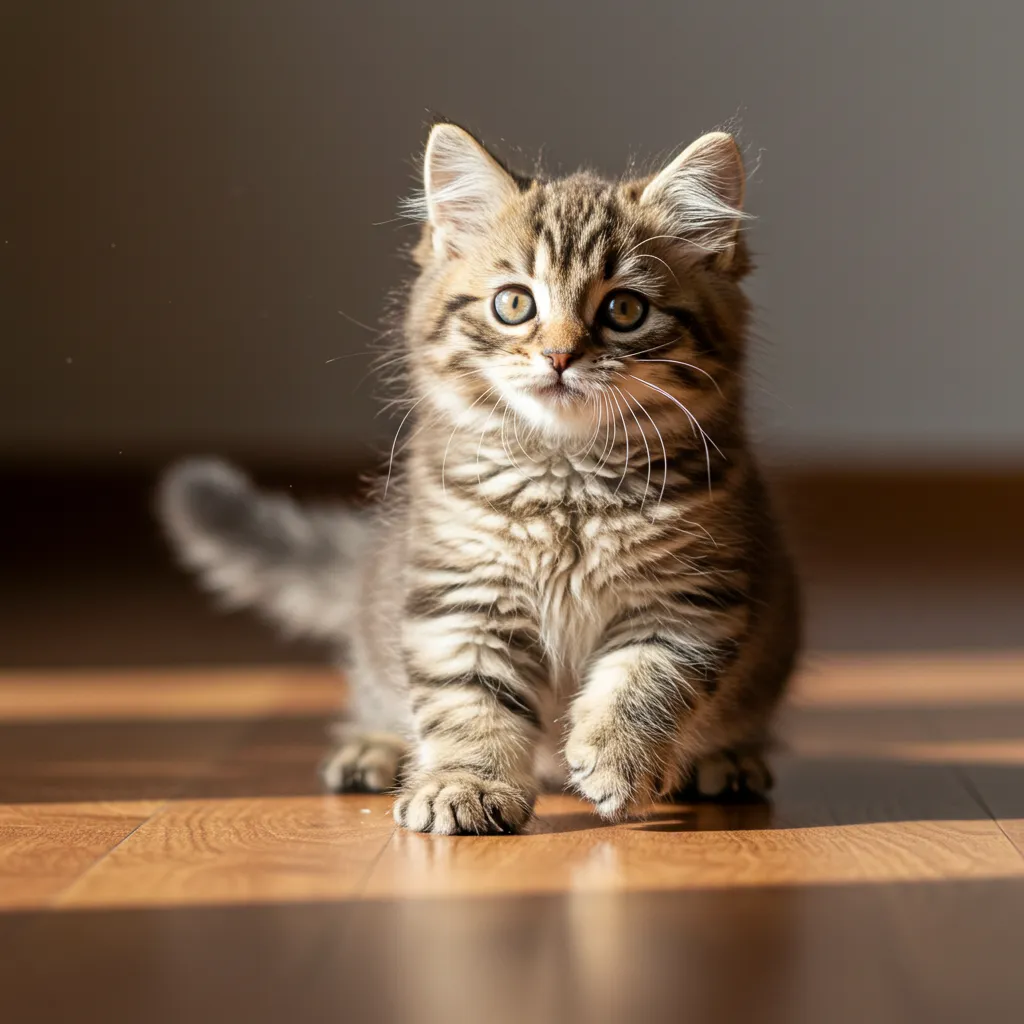 Munchkin kitten chasing its tail playfully.