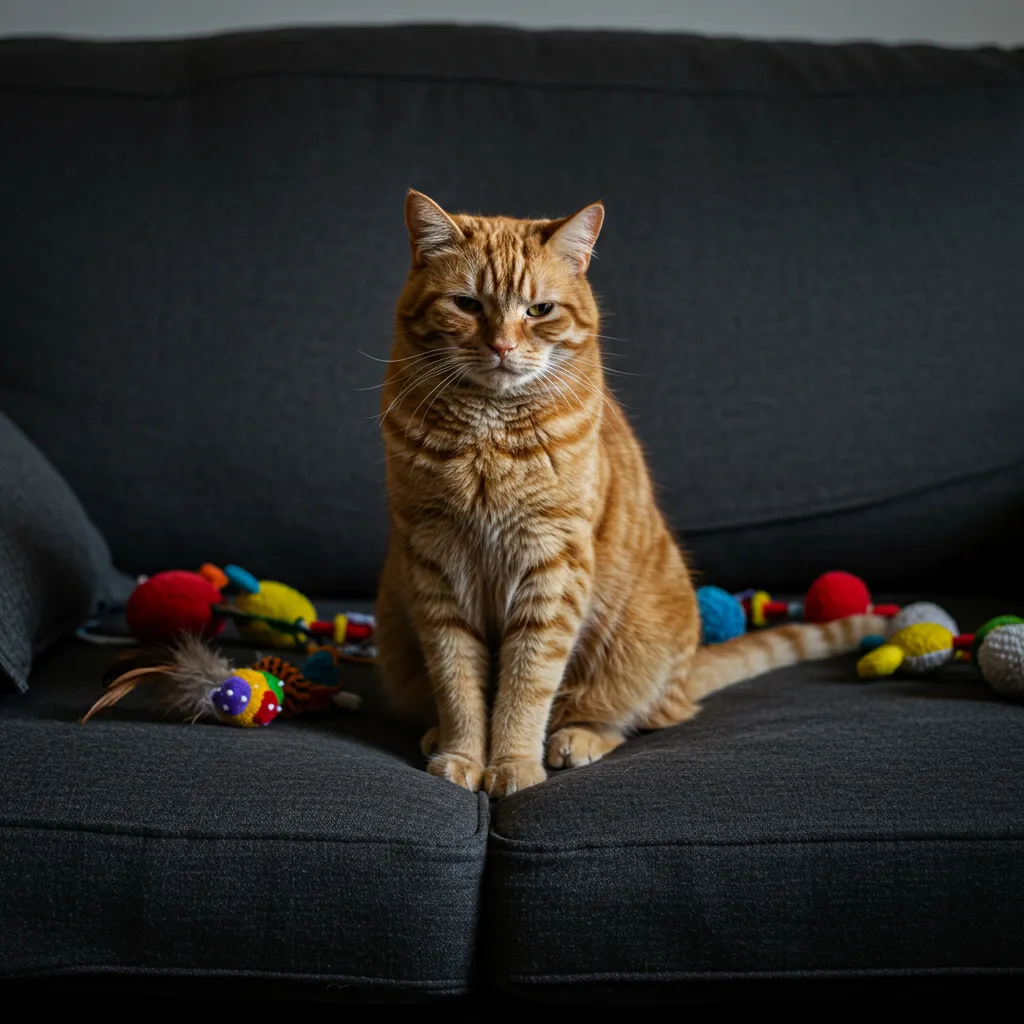 Bored cat surrounded by toys showing lack of stimulation.