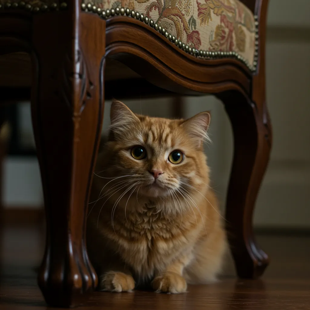 Stressed cat hiding behind a chair showing anxiety.