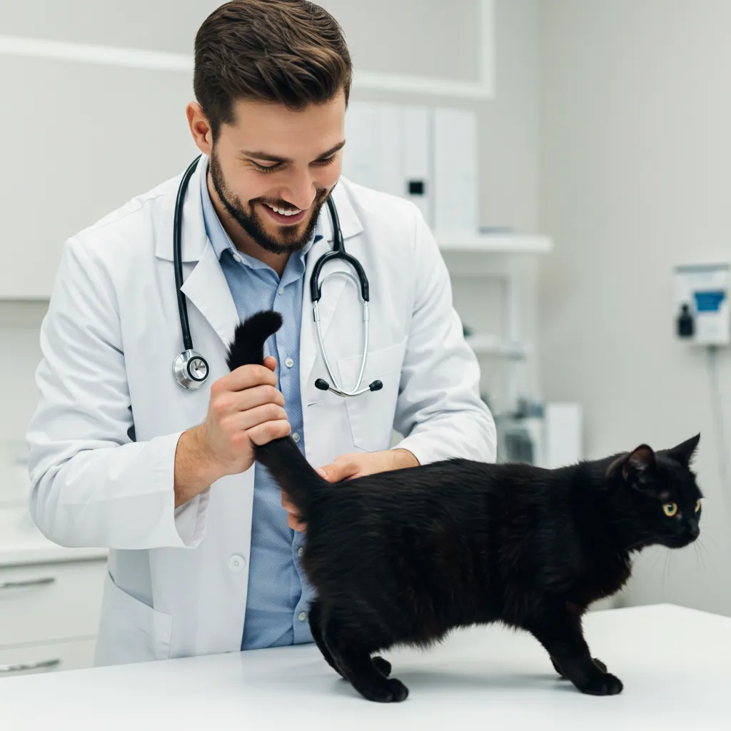 Veterinarian checking a cat’s tail for irritation or injury.