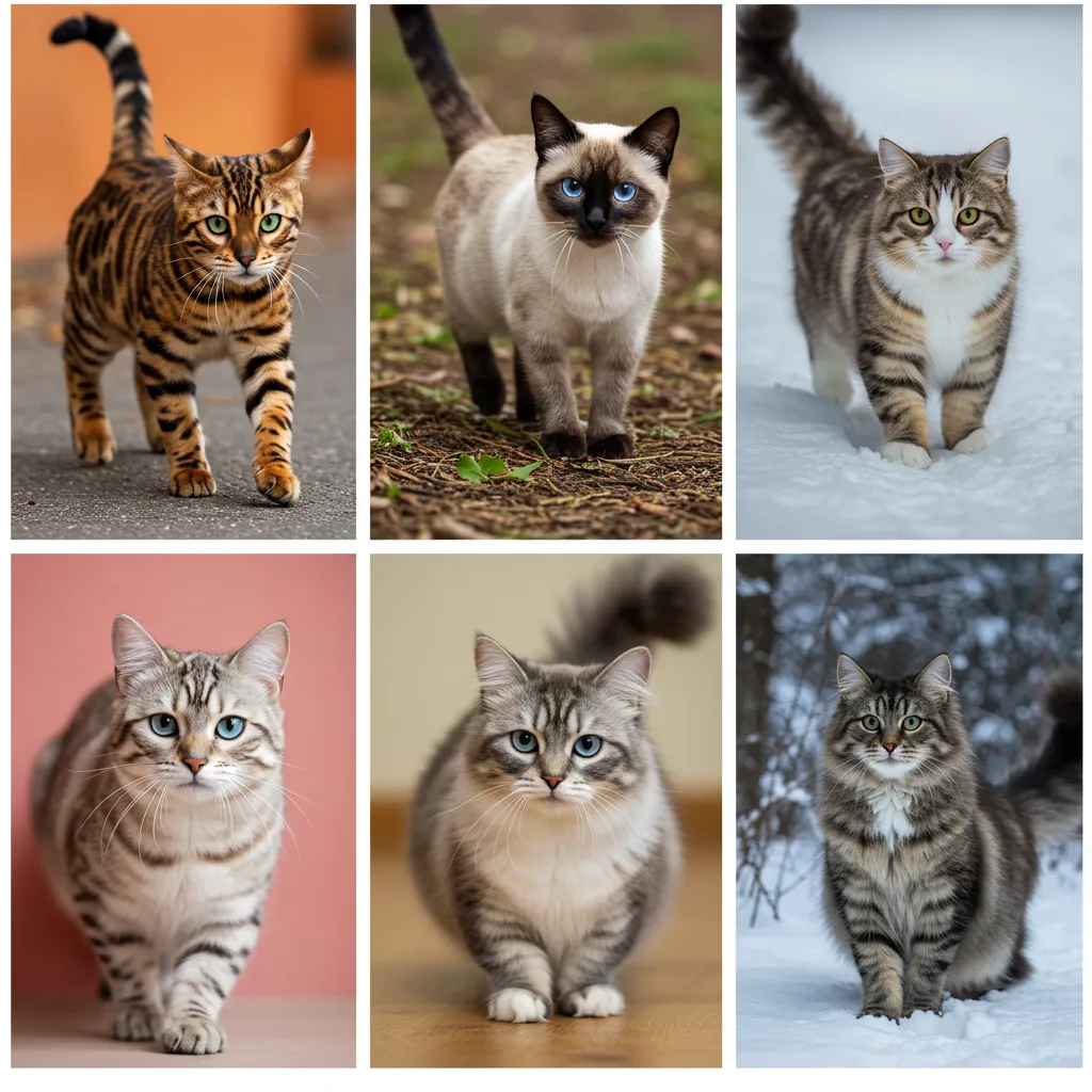 Different cat breeds with varying tail chasing tendencies.