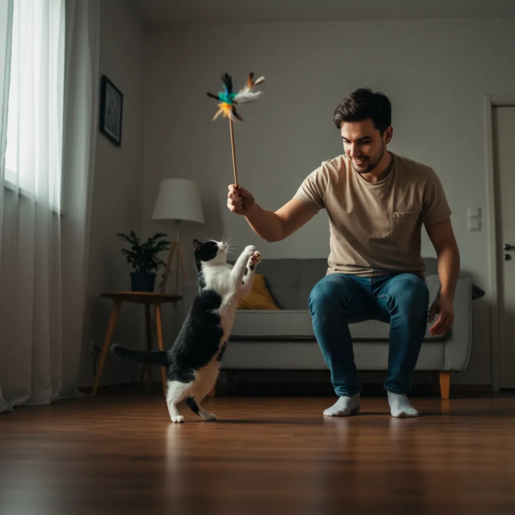 Cat owner engaging cat in playtime to prevent tail Chase .