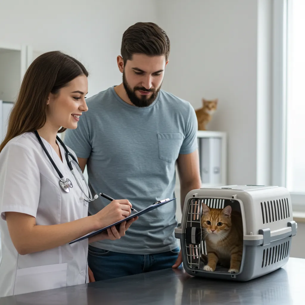 Veterinarian consulting cat owner about behavioral issues.