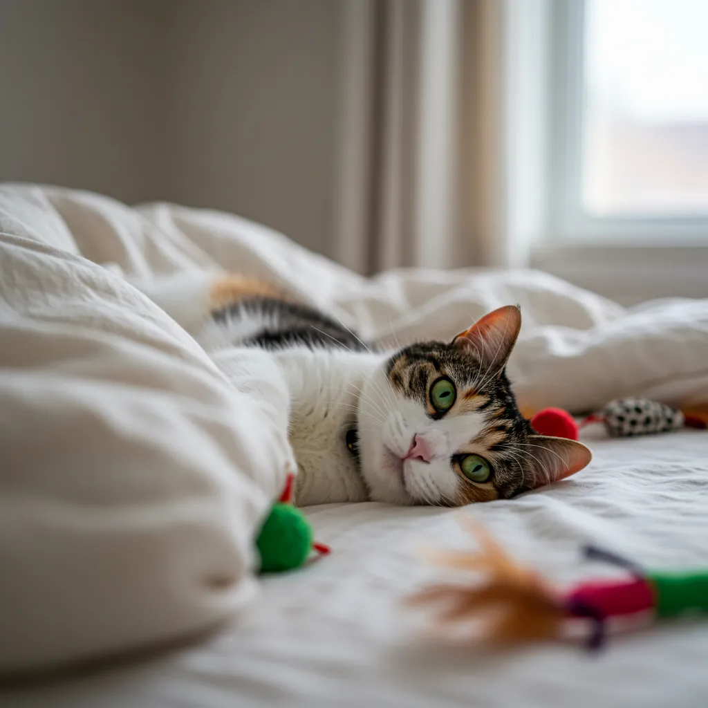 Relaxed cat resting happily after active play session.