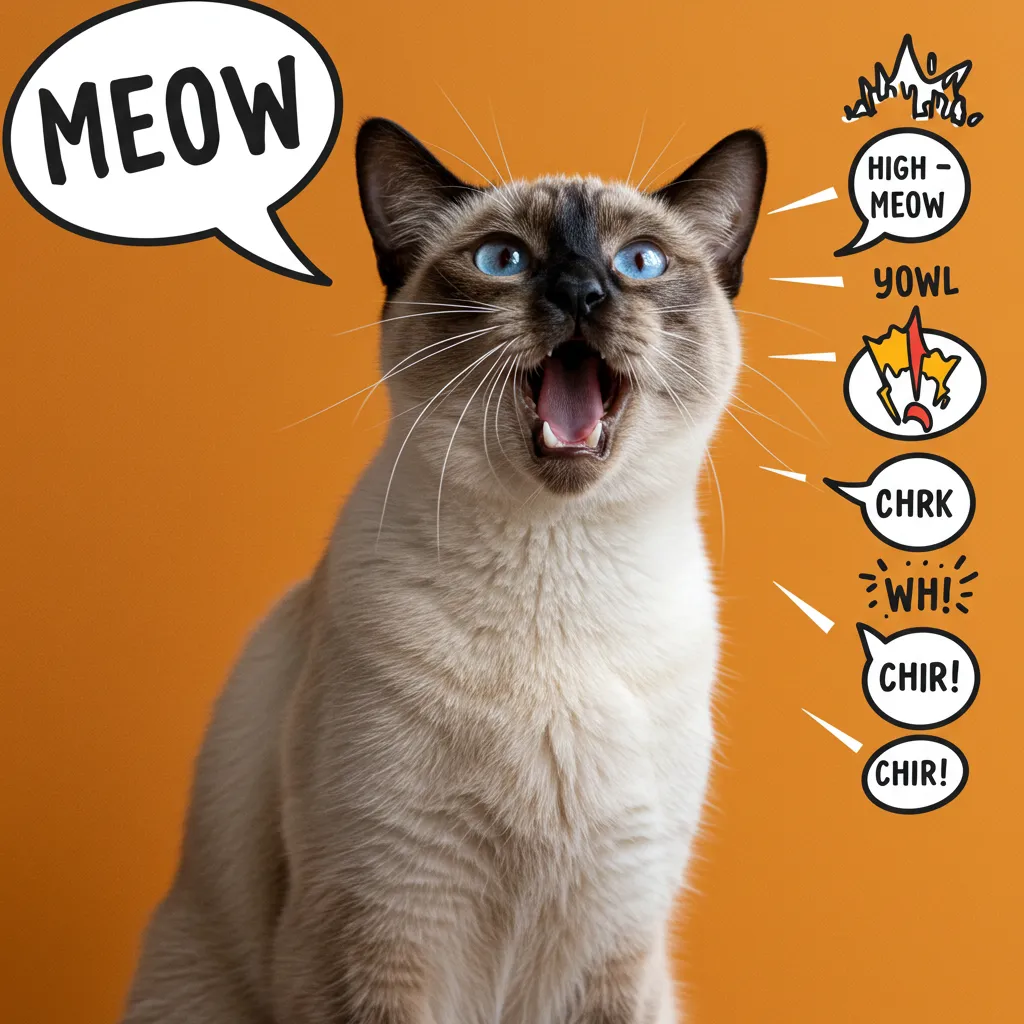Siamese cat meowing with a visual guide to different meow tones, explaining cat communication signals.