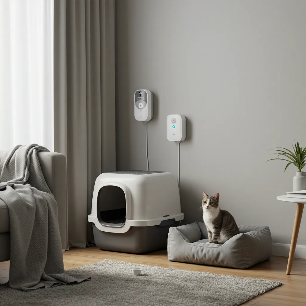 Cozy cat safe zone with litter box and Feliway diffuser, helping with cat adjustment period.
