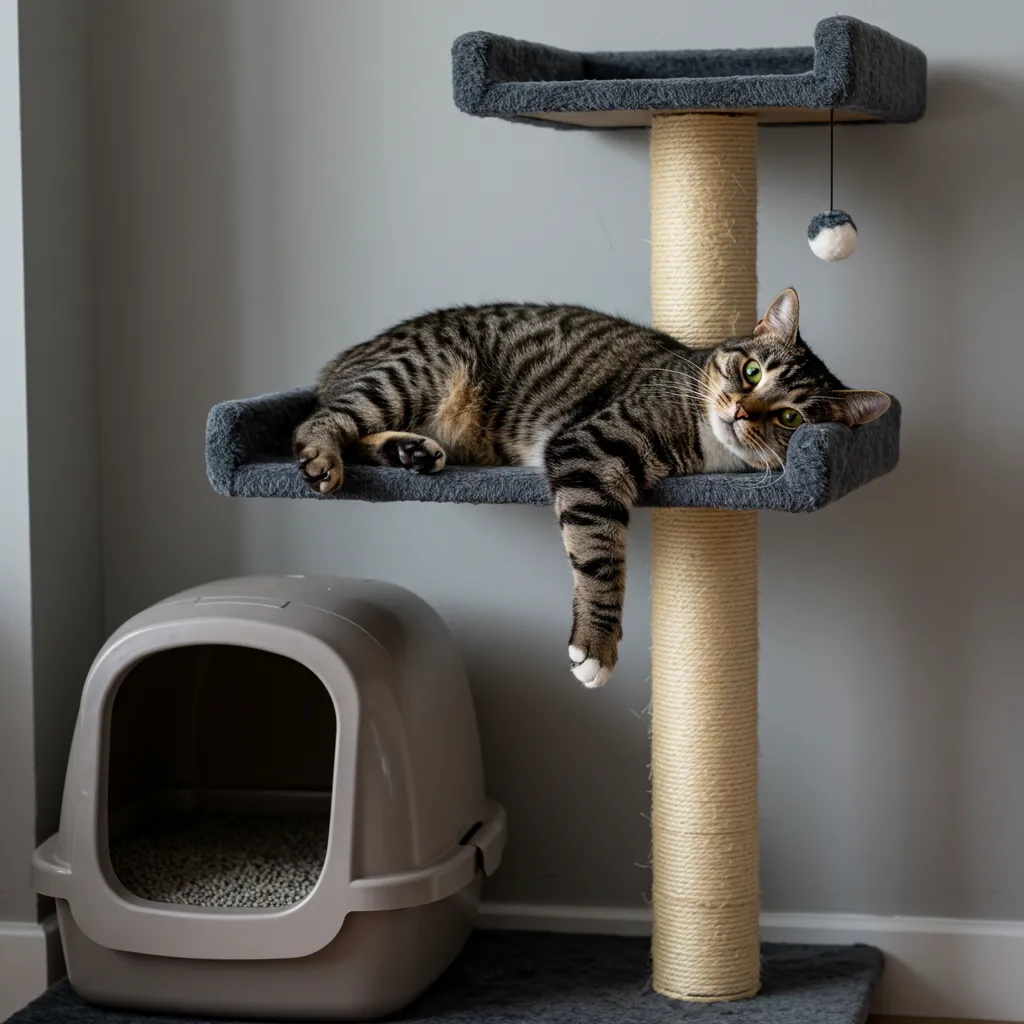 Happy cat on a cat tree in a calm home, showing successful cat stress and anxiety management.