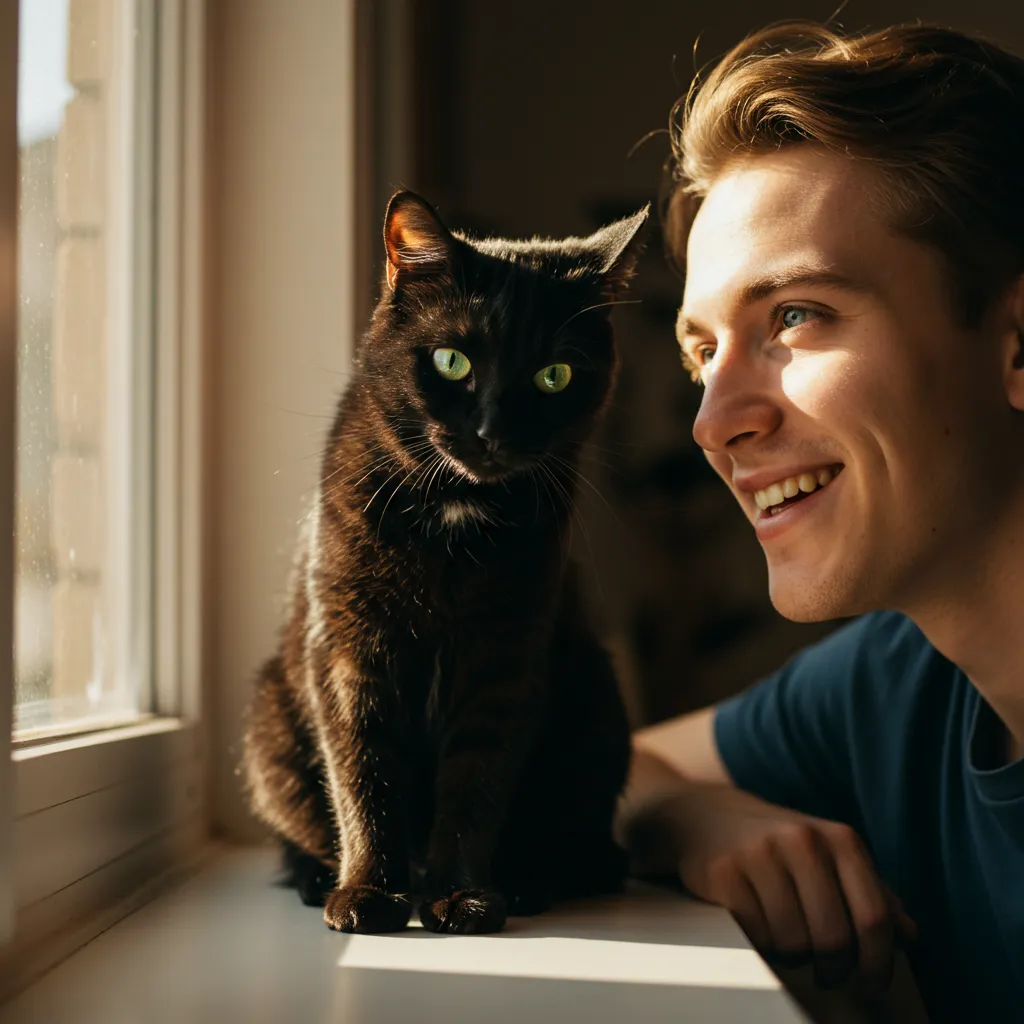 My Cat Sit Next to Me 3 Cat slowly blinks at owner, showcasing cat body language and signs your cat loves you.