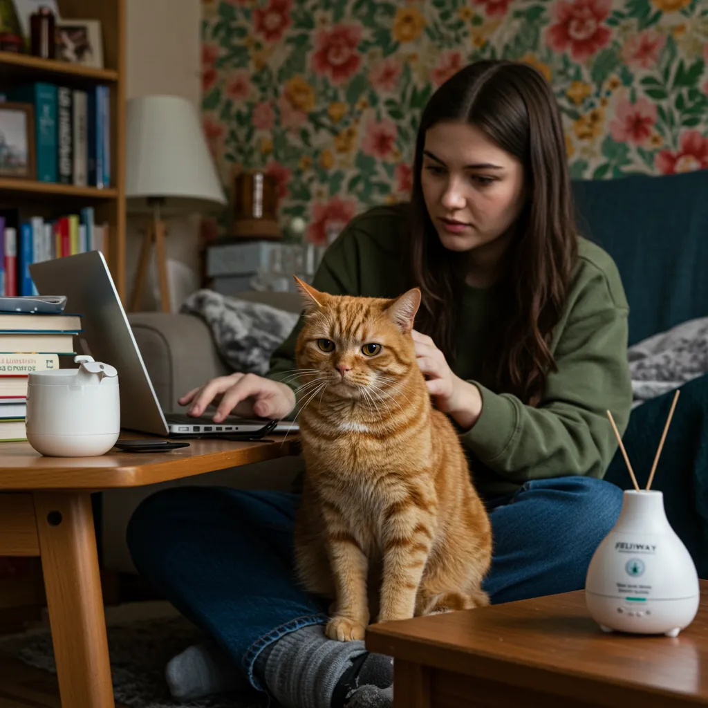 My Cat Sit Next to Me 4 Stressed cat sitting near owner, highlighting cat separation anxiety behavior and calming solutions.