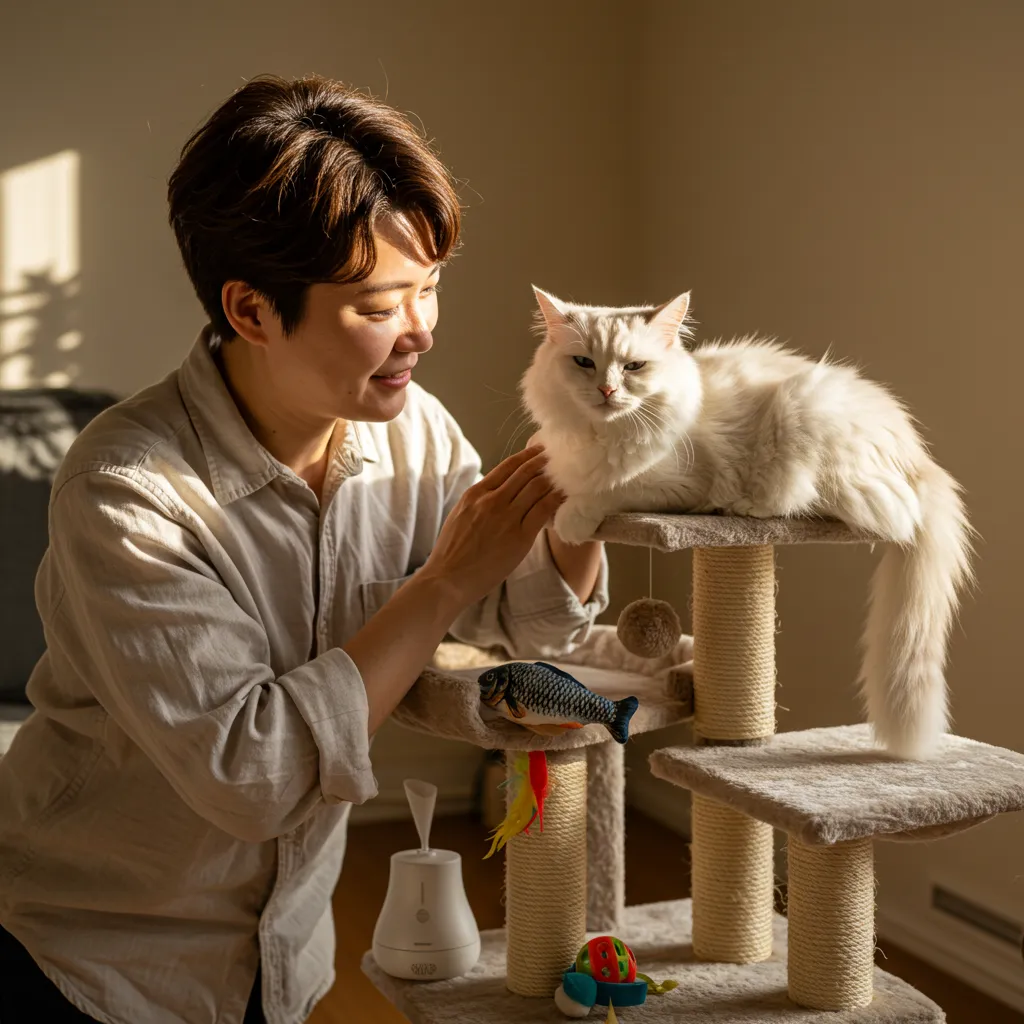 My Cat Sit Next to Me 6 Owner petting cat on cat tree, showing how to make your cat more affectionate with positive reinforcement.