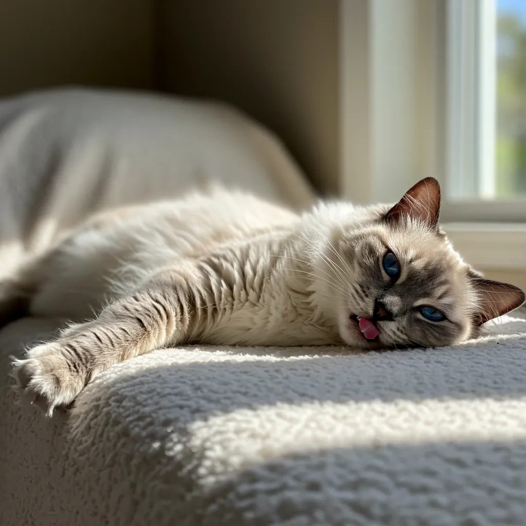 Relaxed Ragdoll cat with tongue out, showing a happy cat blep in a cozy setting