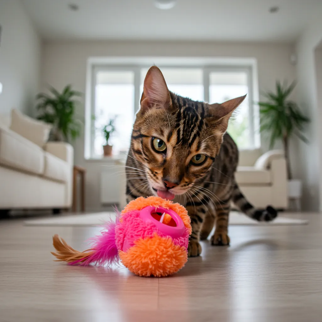 Bengal cat showing Flehmen response with tongue out while sniffing a toy.