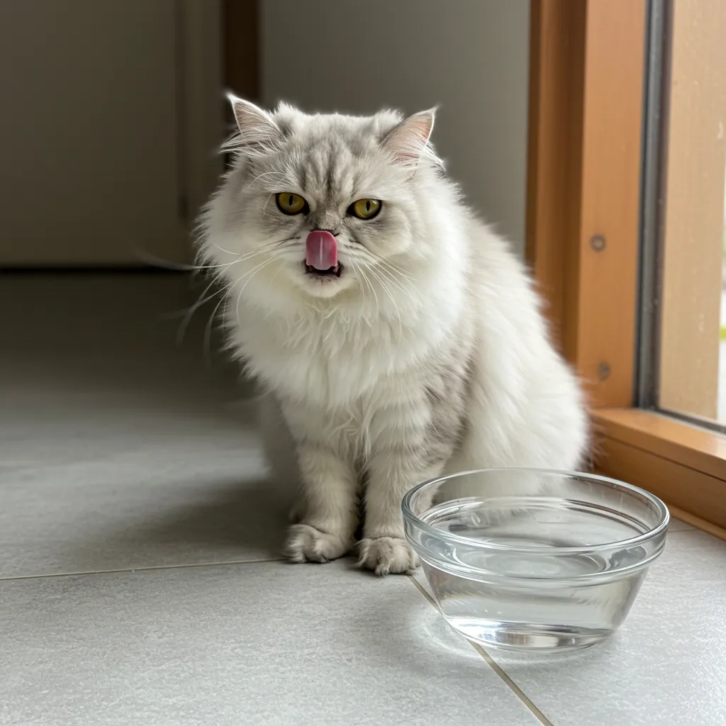 Persian cat panting with tongue out, showing signs of overheating or stress.