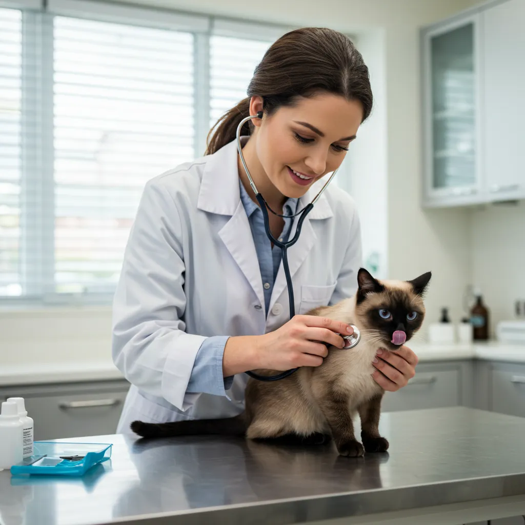 Vet examining a Siamese cat with its tongue out for breathing issues in a clinic.