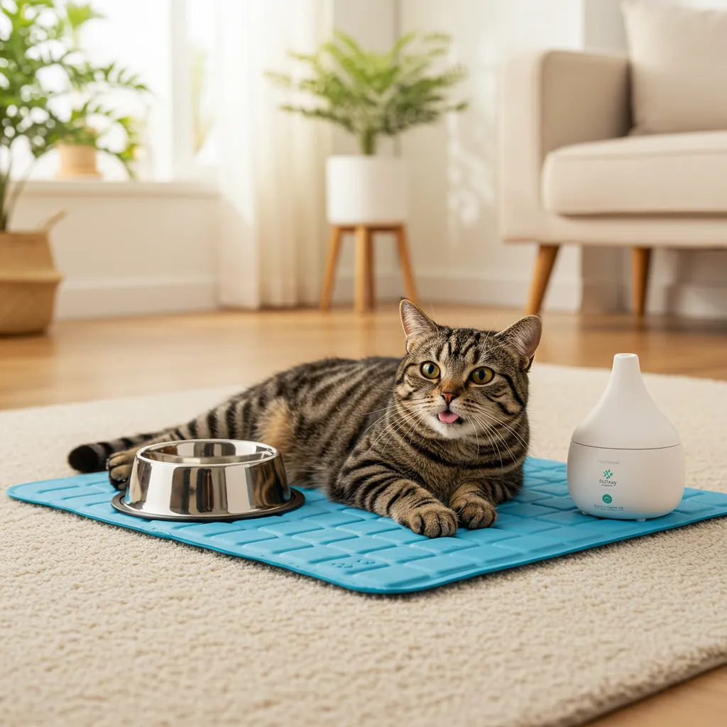 Cat on cooling mat with tongue out, relaxed in a stress-free environment.