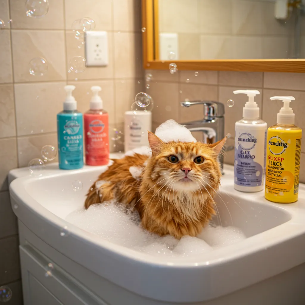 Happy cat in a sink during a gentle bath with safe cat shampoo bottles nearby.