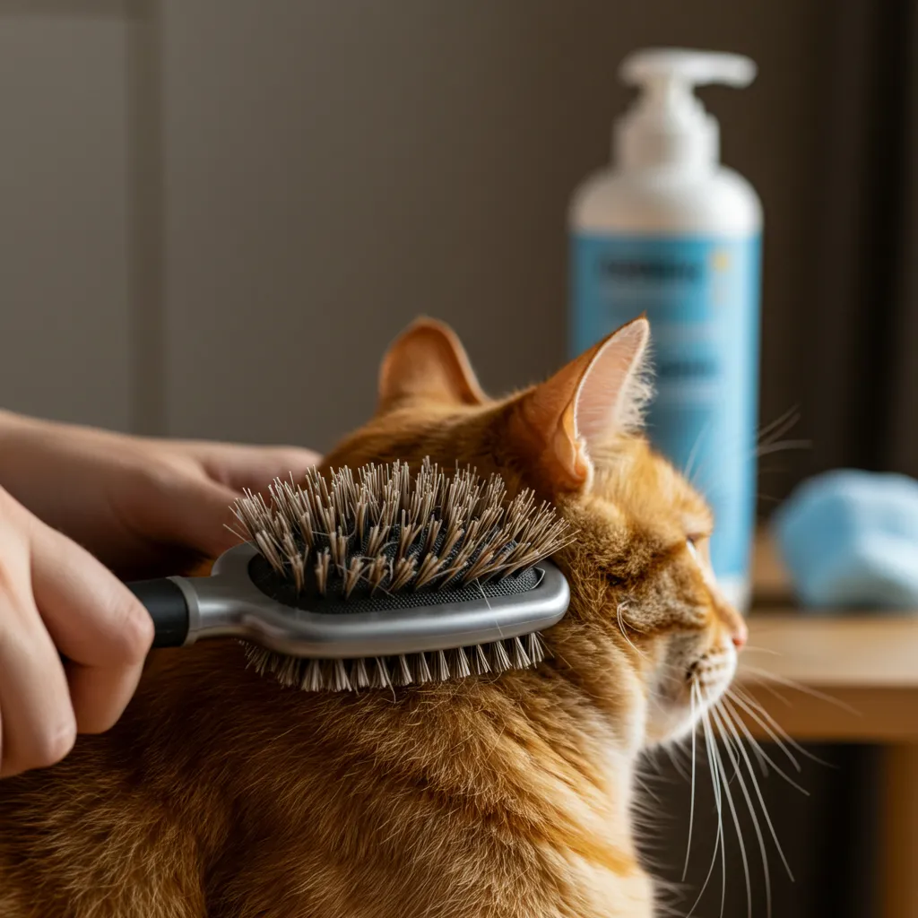 Shiny cat coat being brushed next to hypoallergenic cat shampoo bottle.