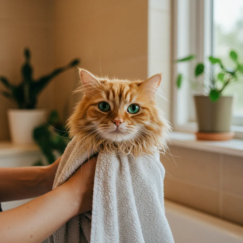 Cat being towel-dried after a bath with safe cat soap in a cozy bathroom.