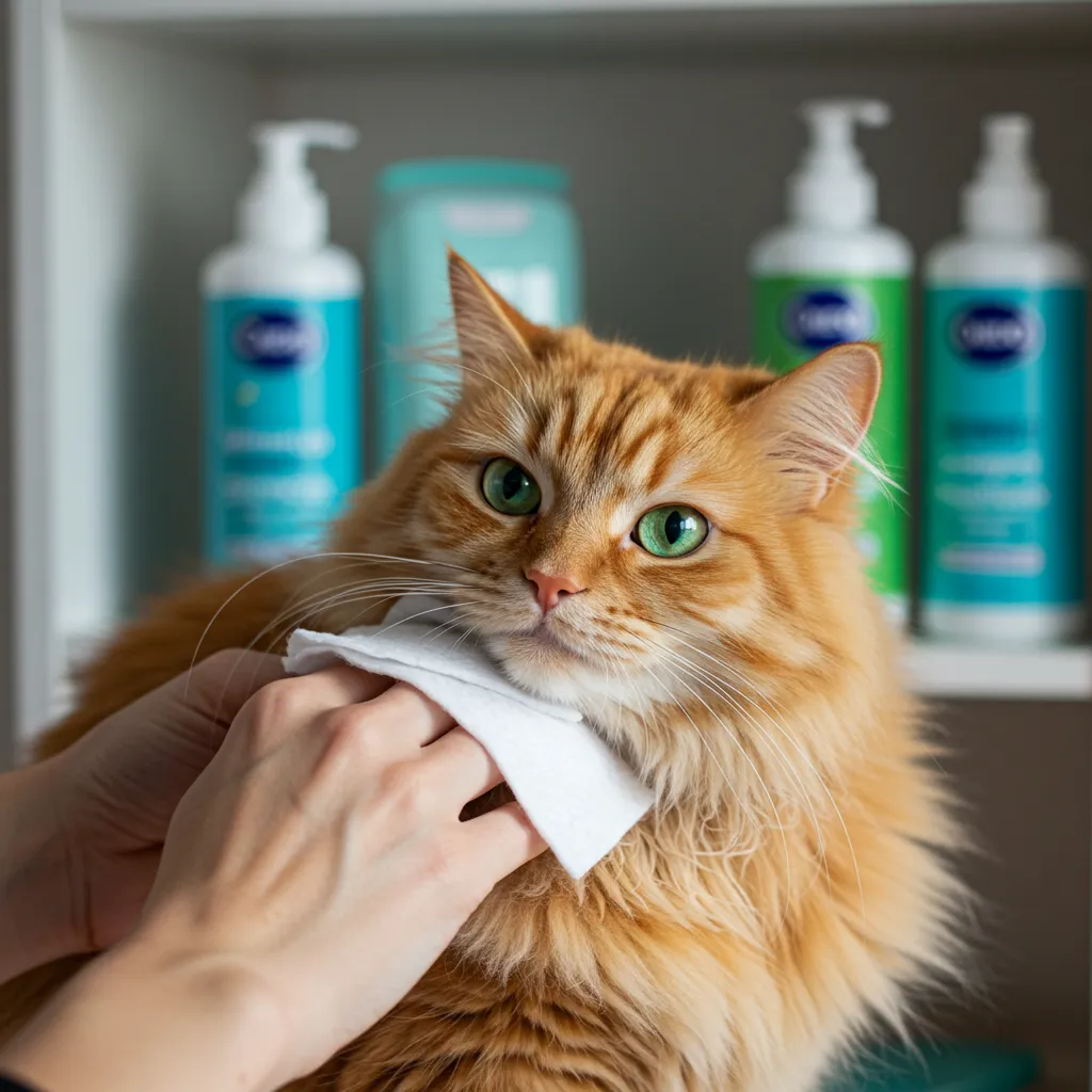 Cat cleaned with grooming wipes next to waterless cat shampoo bottles.
