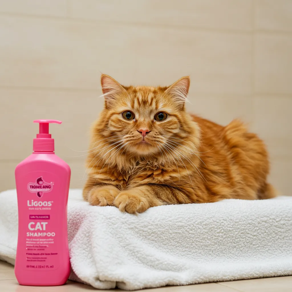 Happy cat with shiny coat post-bath next to safe cat shampoo bottle.