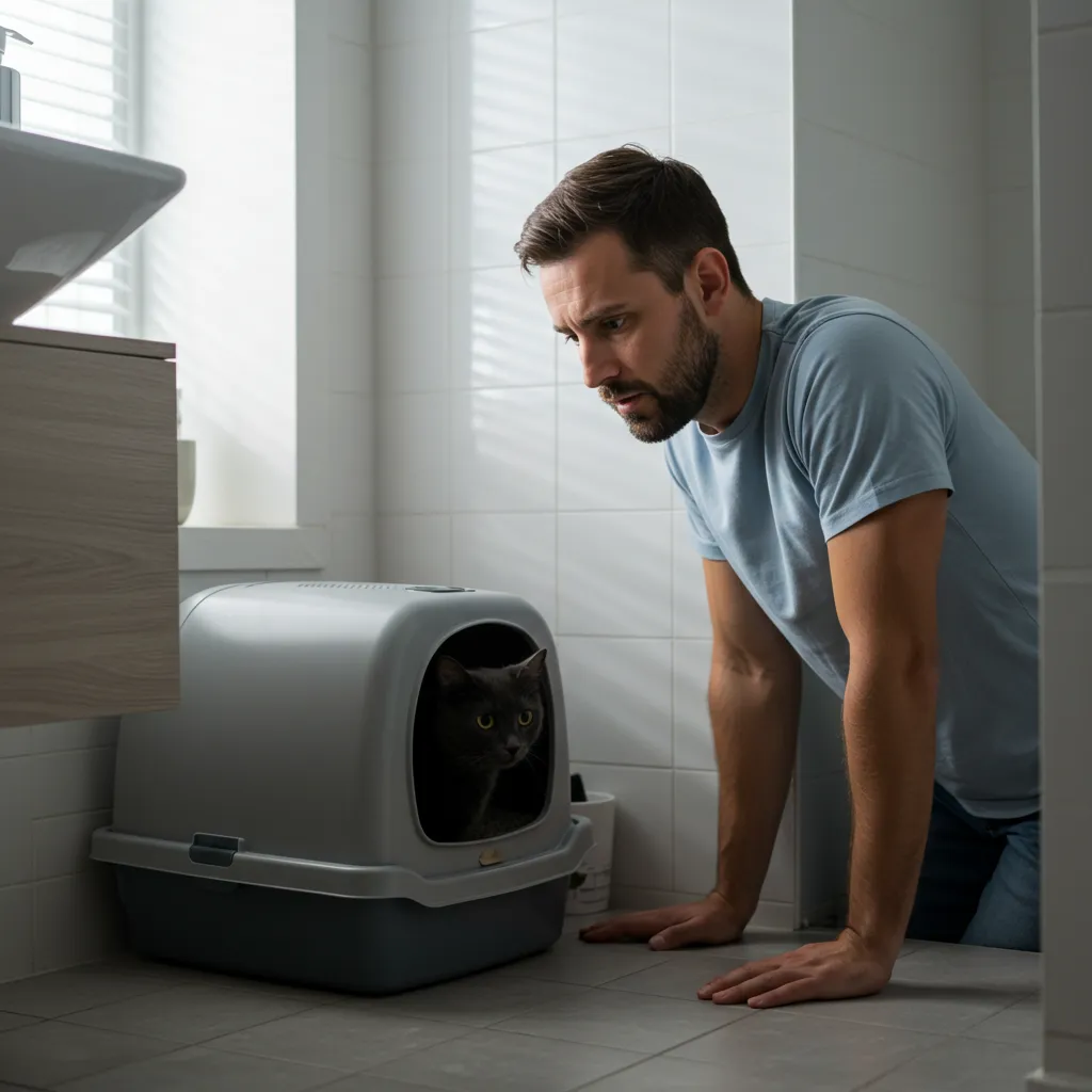 Cat in a clean litter box with owner nearby, illustrating a stress-free setup to reduce crying during pooping.