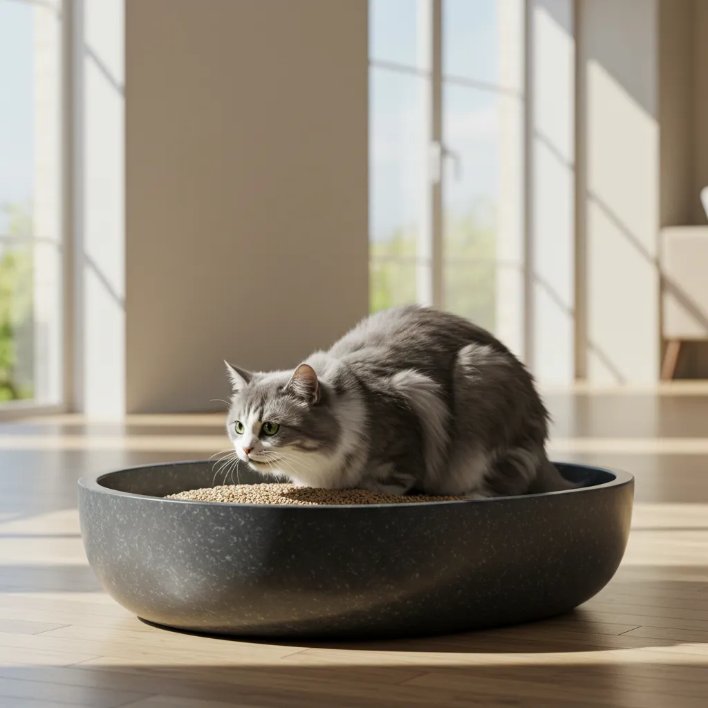 Happy cat in a spacious, clean litter box, showcasing an ideal setup to prevent crying during defecation.