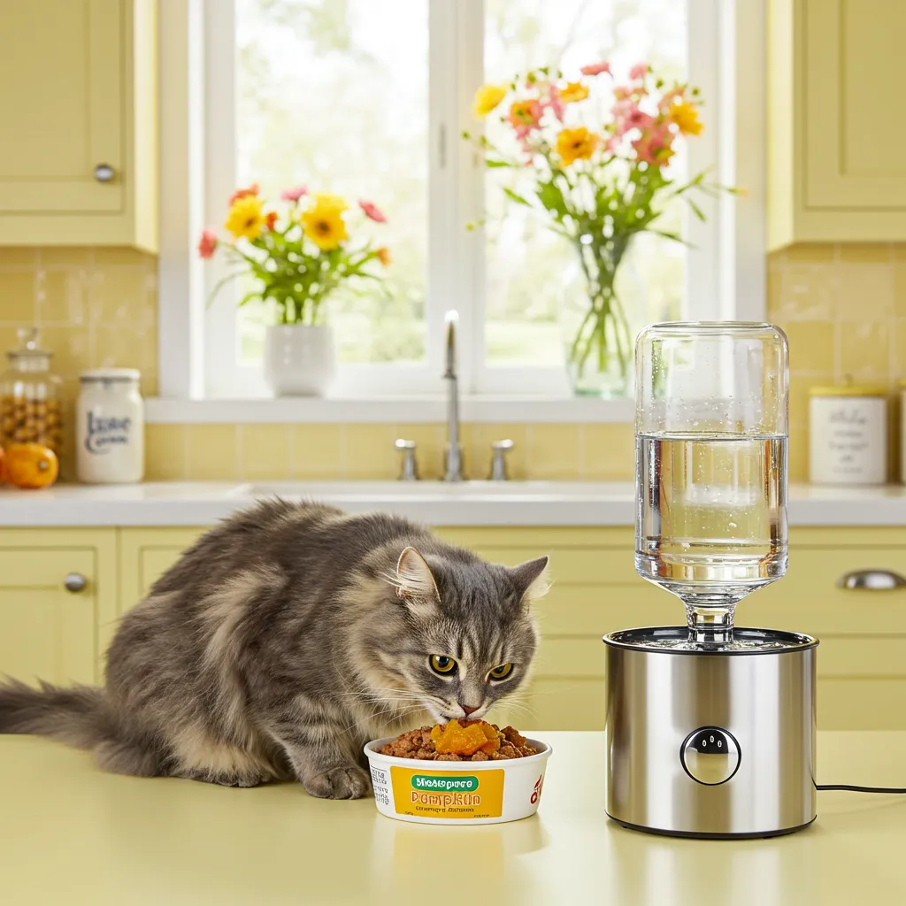 Cat eating wet food with pumpkin near a water fountain, showing diet tweaks to ease pooping issues.