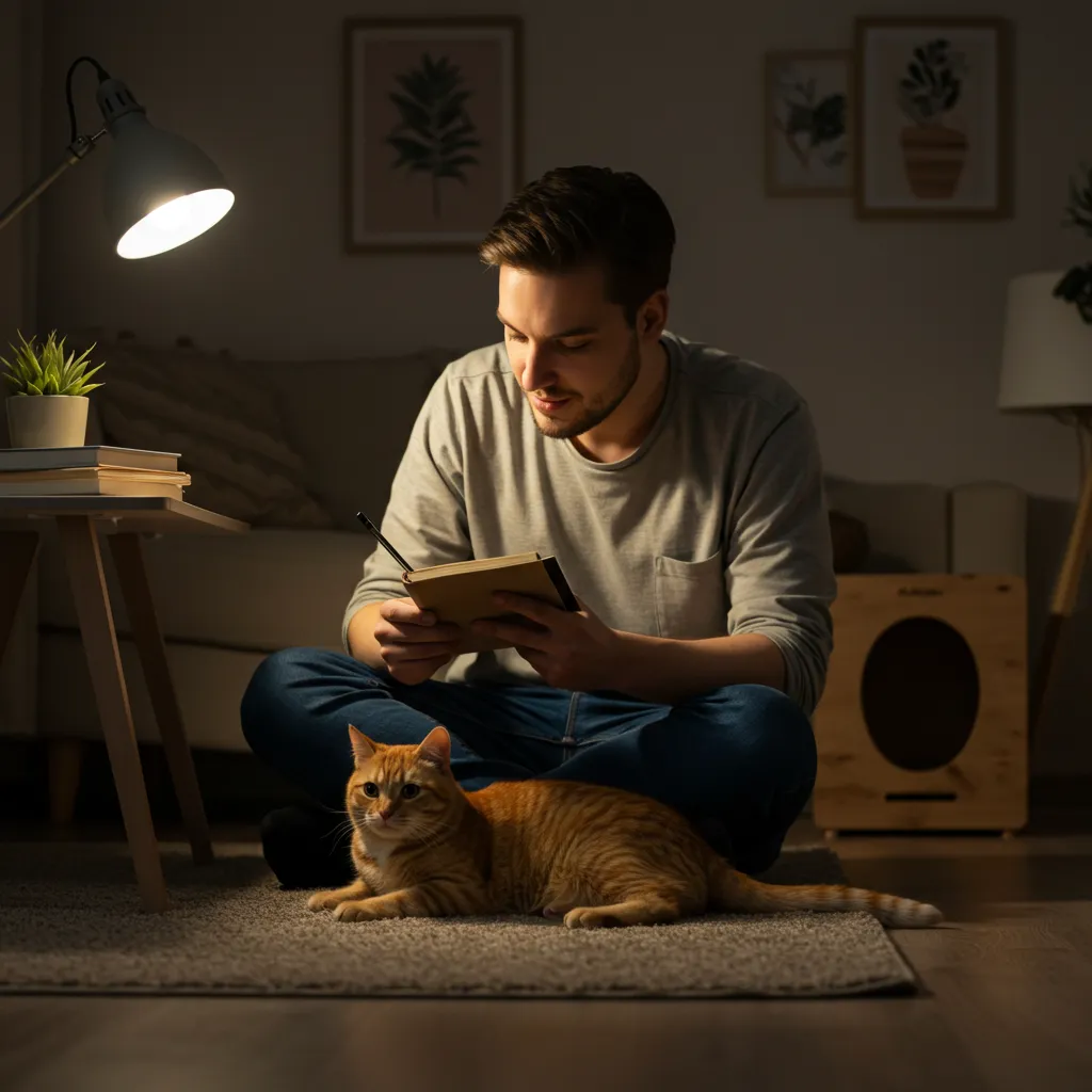  Cat owner tracking pooping behavior in a journal, with a relaxed cat and litter box nearby, showing monitoring to prevent issues.