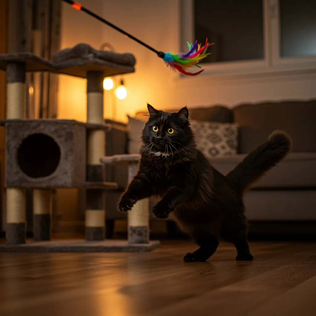 Cat playing with a feather wand in a cozy living room, engaging in evening play to reduce cat hyper activity at night.