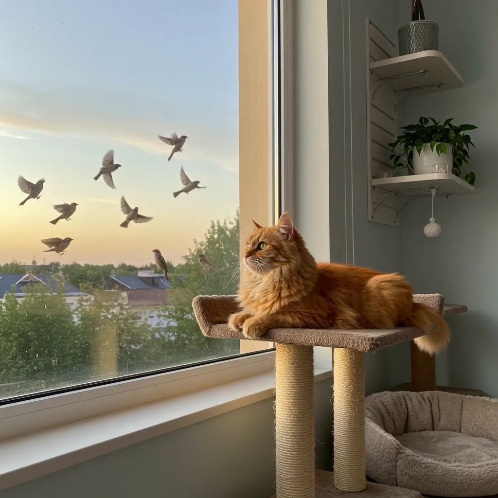  Cat on window perch at dusk, engaging in indoor cat stimulation to reduce cat hyperactivity at night.
