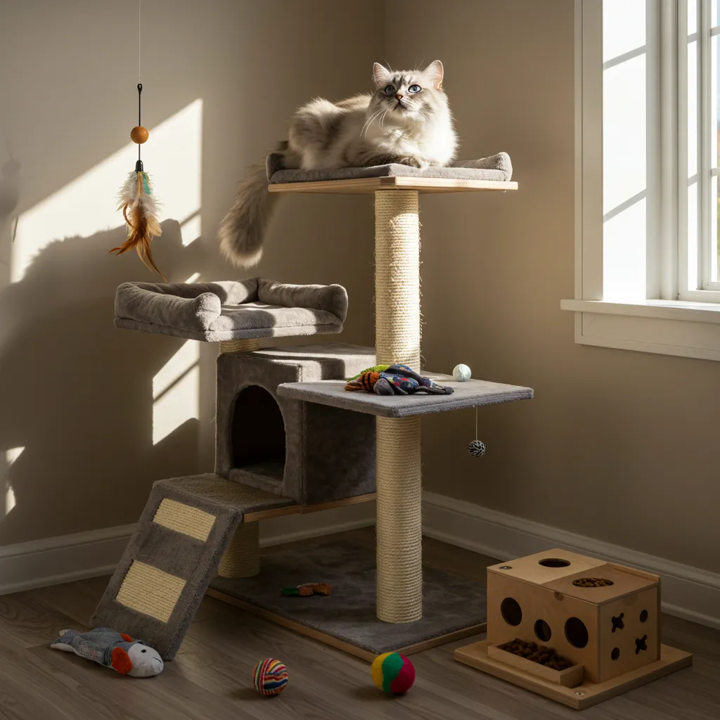Cat on tree in enriched home setup, reducing cat energy at night with indoor cat stimulation.