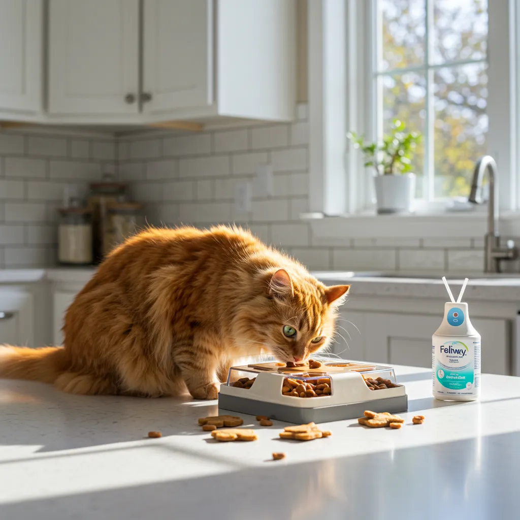 Cat using puzzle feeder for cat mental stimulation, part of a stress-free cat bedtime routine